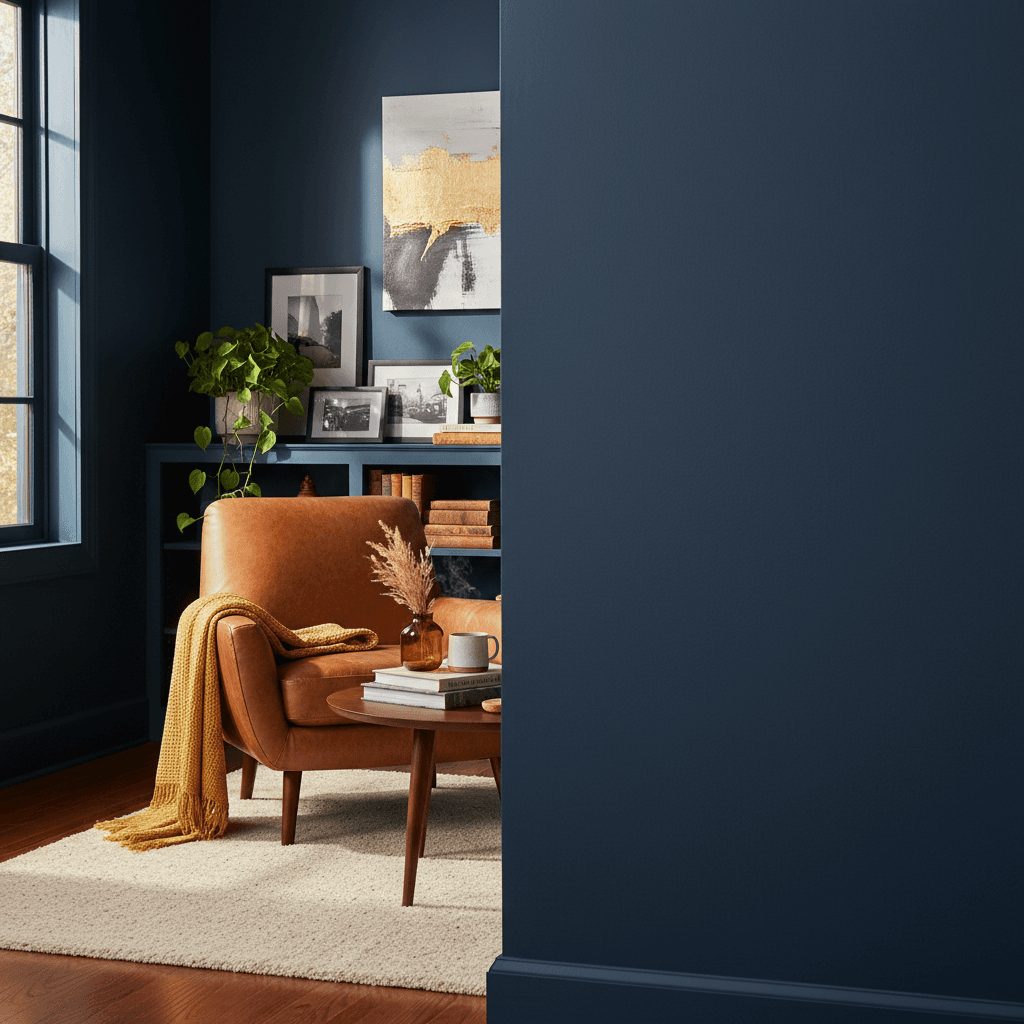 Deep navy wall with flat matte finish in a defined living room space