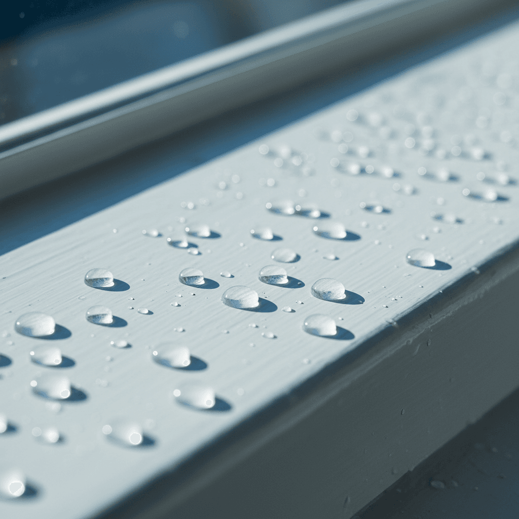 Water beading on sealed and painted wooden window demonstrating weather protection