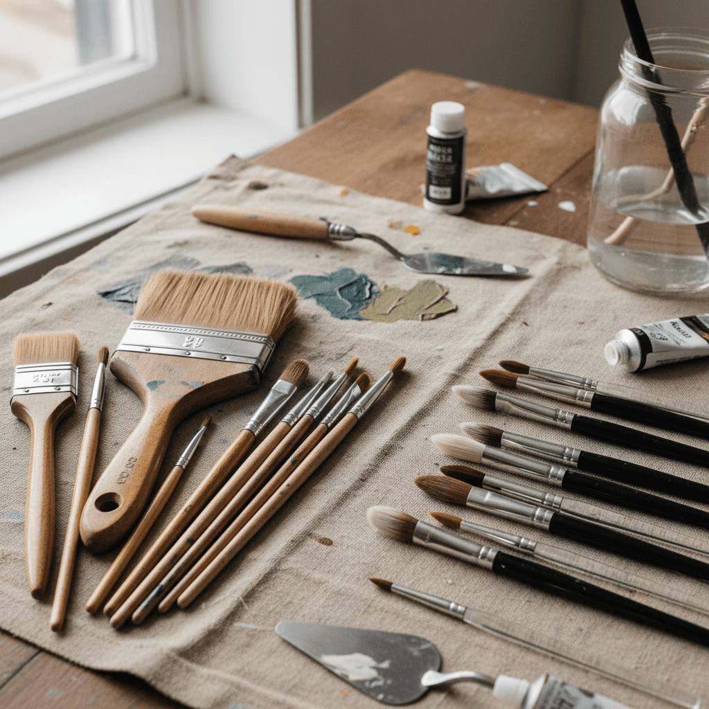 Professional grade paintbrushes arranged on work surface