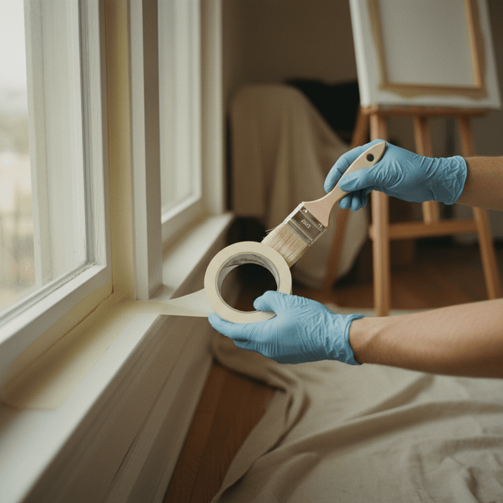 Professional painter preparing trim with careful tape application