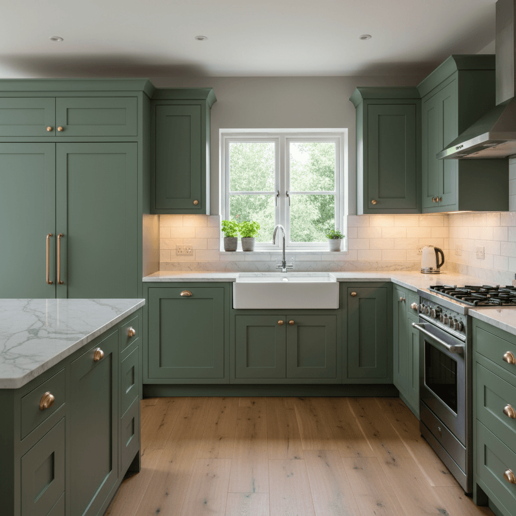 Kitchen cabinets refinished in muted green with marble countertop