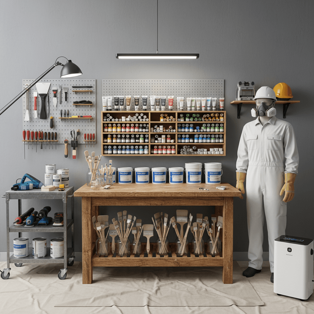 Professional painter's organized equipment workspace