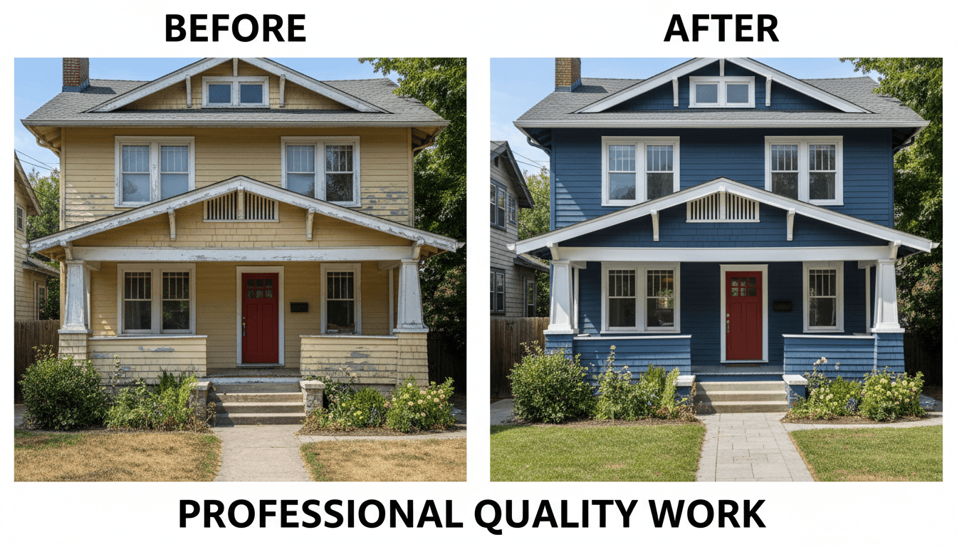 Before and after comparison of exterior house painted by professional painters showing dramatic transformation