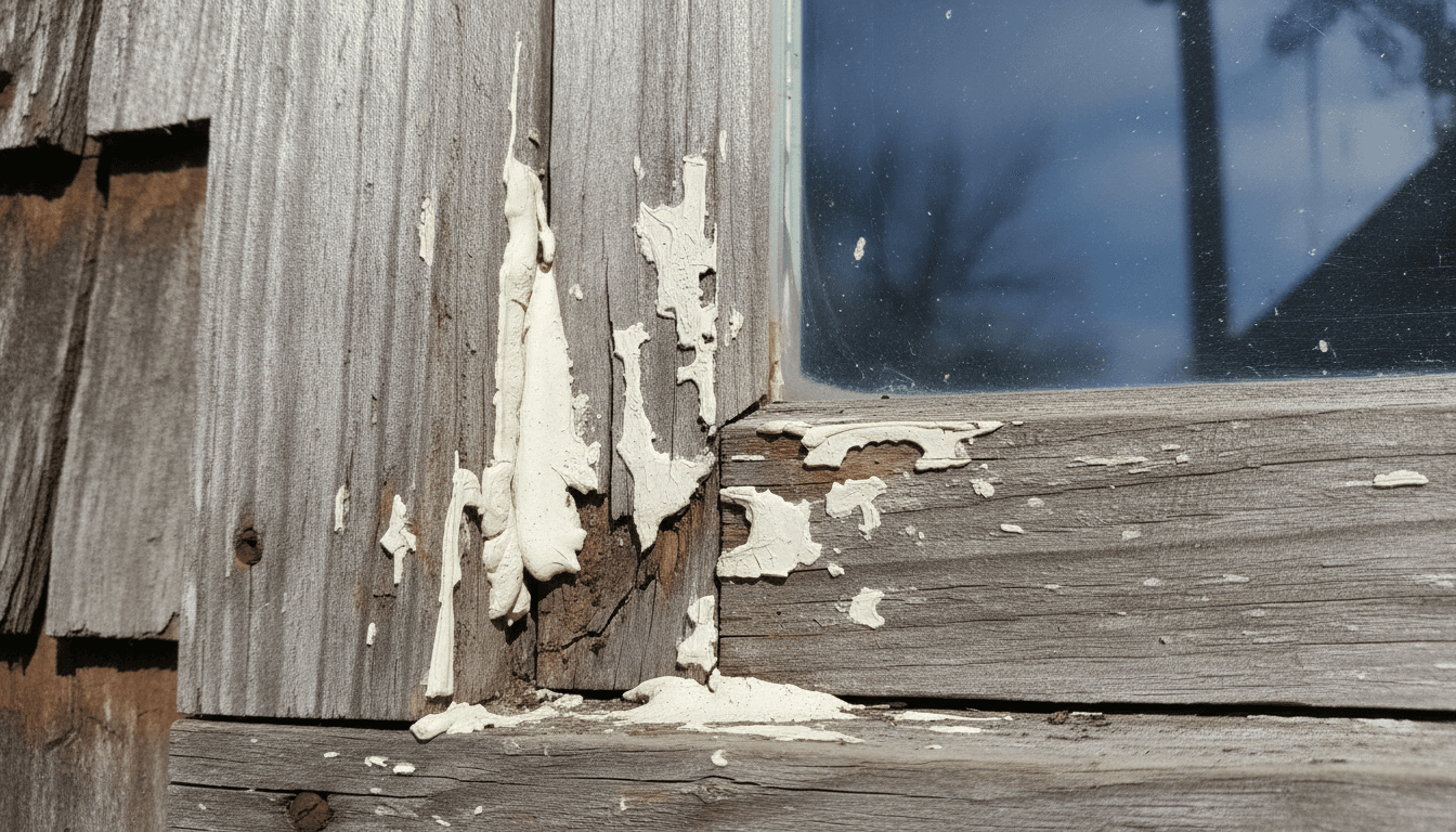 Close-up of cracked and failing exterior caulk around a residential window, showing gaps and deterioration