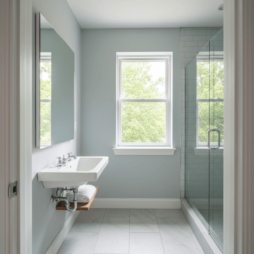 Small bathroom with light eggshell finish paint reflecting natural light