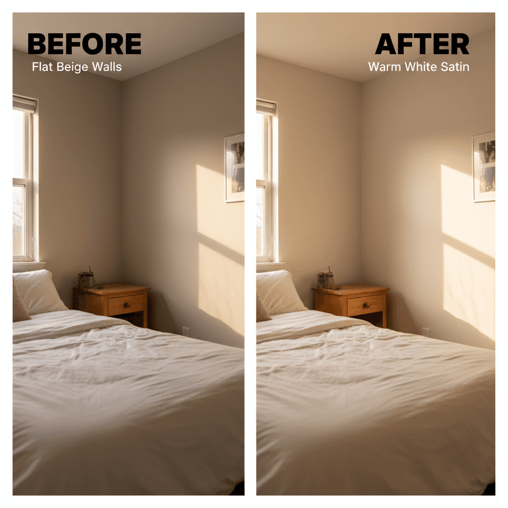 Small bedroom before and after interior painting with warm white satin finish