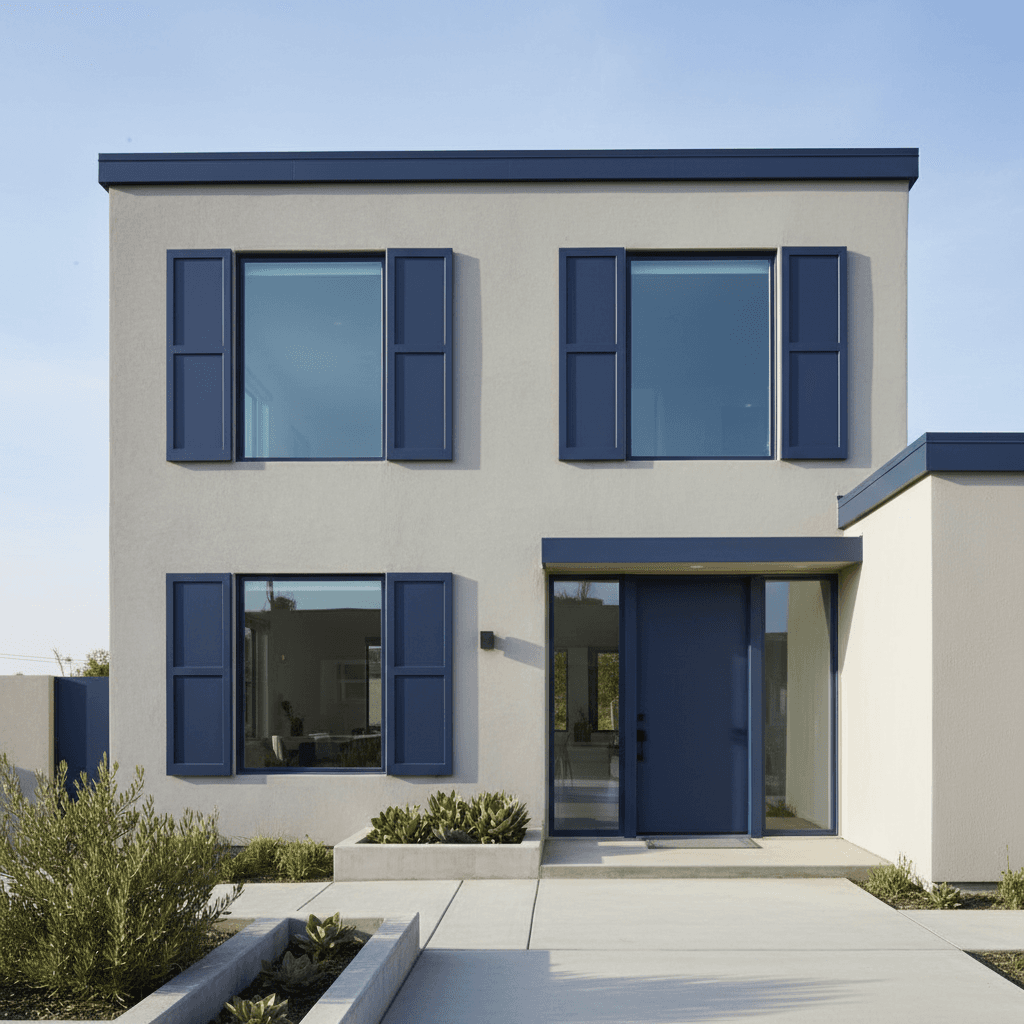 Light gray home with navy blue accent shutters and doors