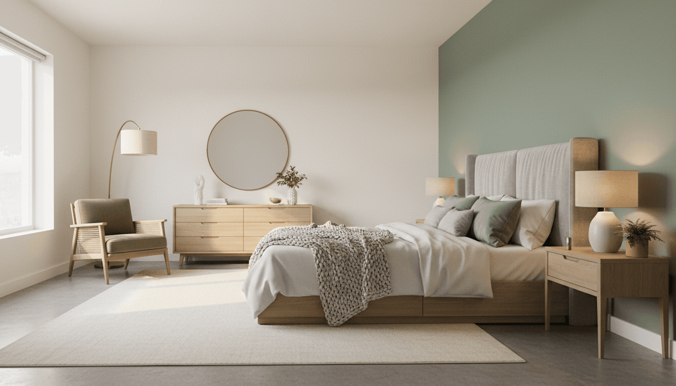 Muted green accent wall in a bright, modern bedroom showcasing the latest Sacramento painting trend