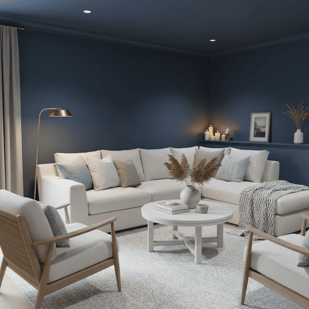 Living room with moody blue walls, neutral furniture, and multiple light sources