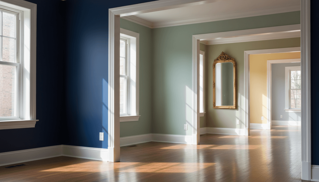 Interior room with various paint sheens demonstrating different levels of gloss and finish on walls