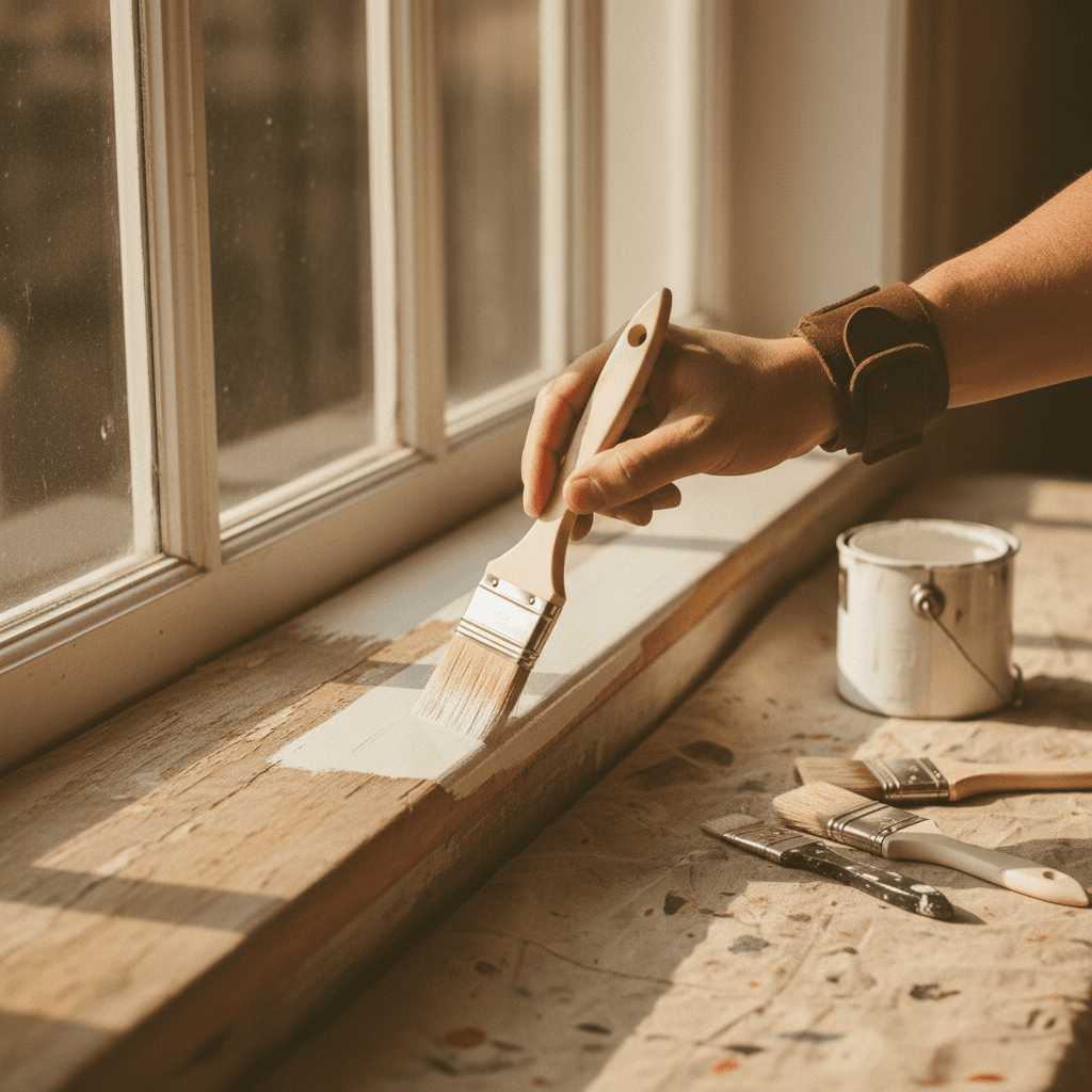 Painter's hand applying quality paint to wooden window with professional brush technique