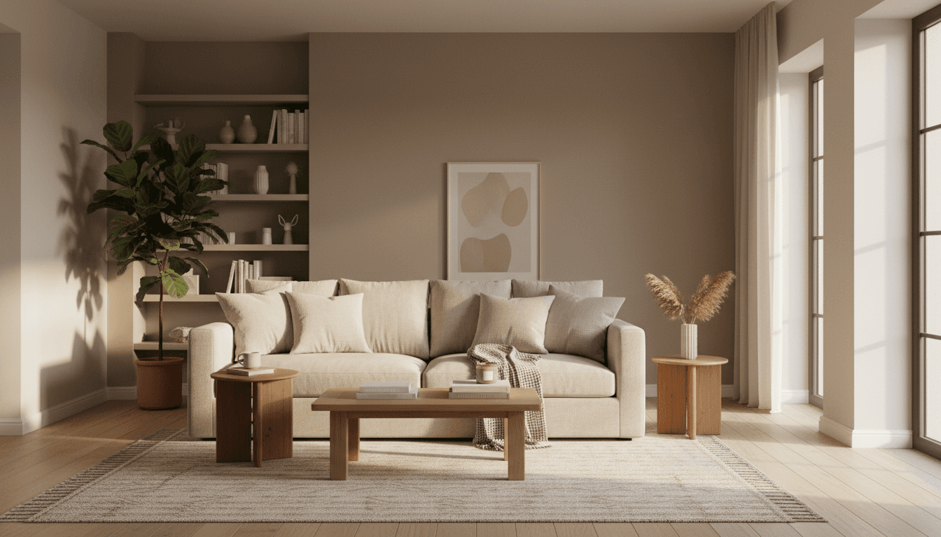 Bright living room with warm neutral walls, natural wood accents, and soft textiles creating a calm, inviting atmosphere