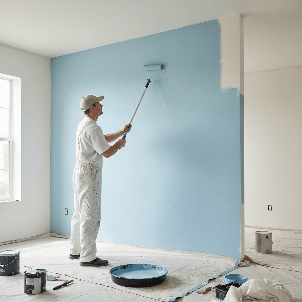 Professional using microfiber roller on wall