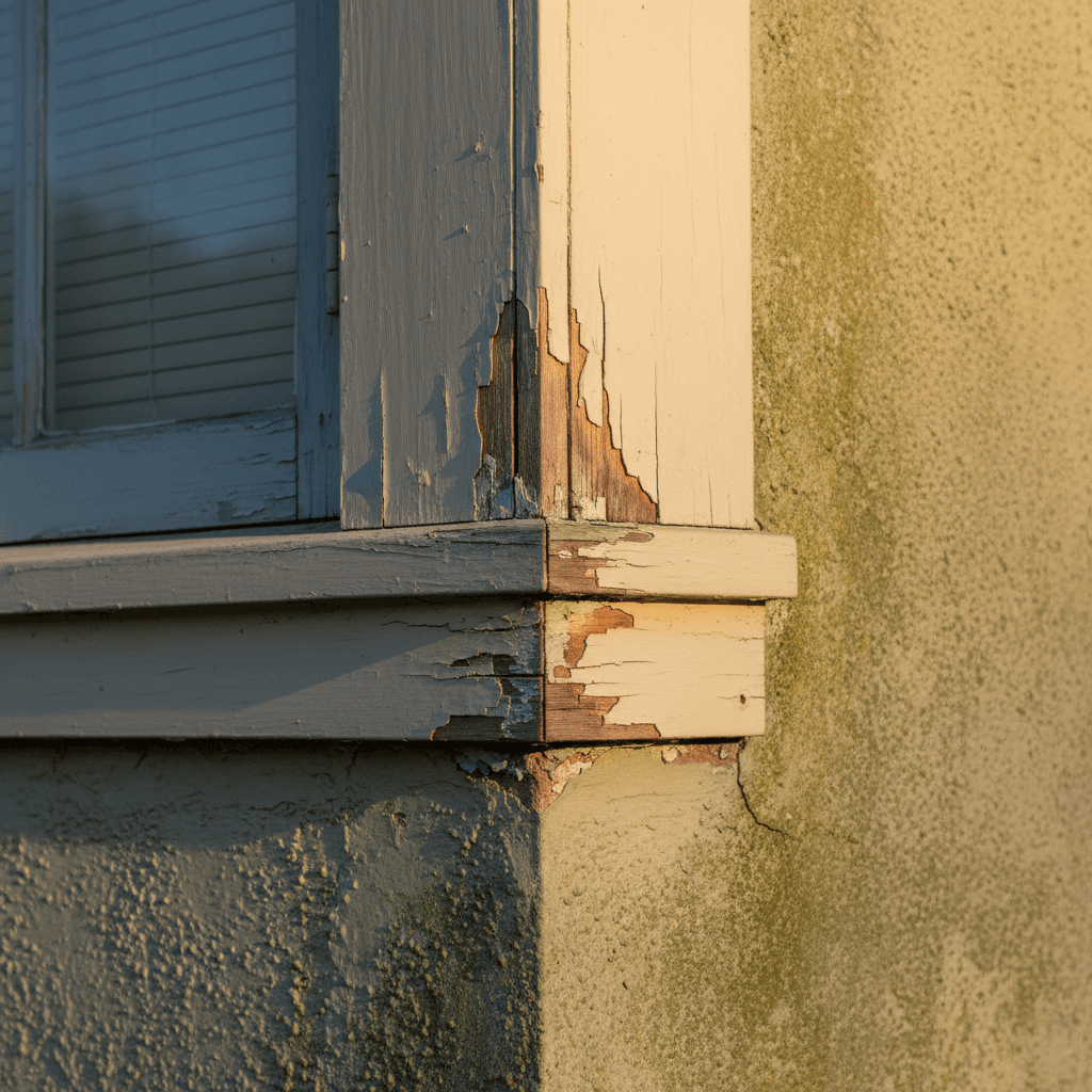 Multiple exterior corners showing failed caulk at trim intersections