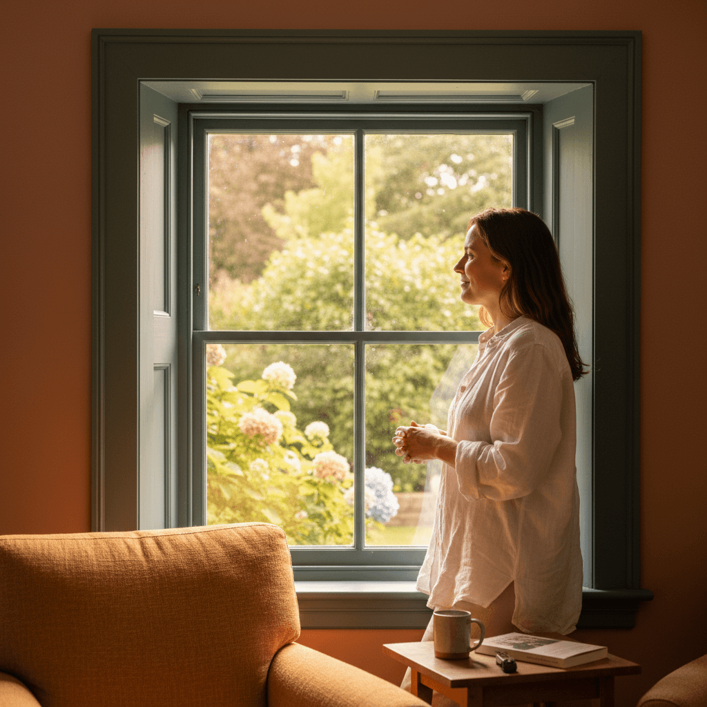 Homeowner viewing restored garden through beautifully painted wooden window