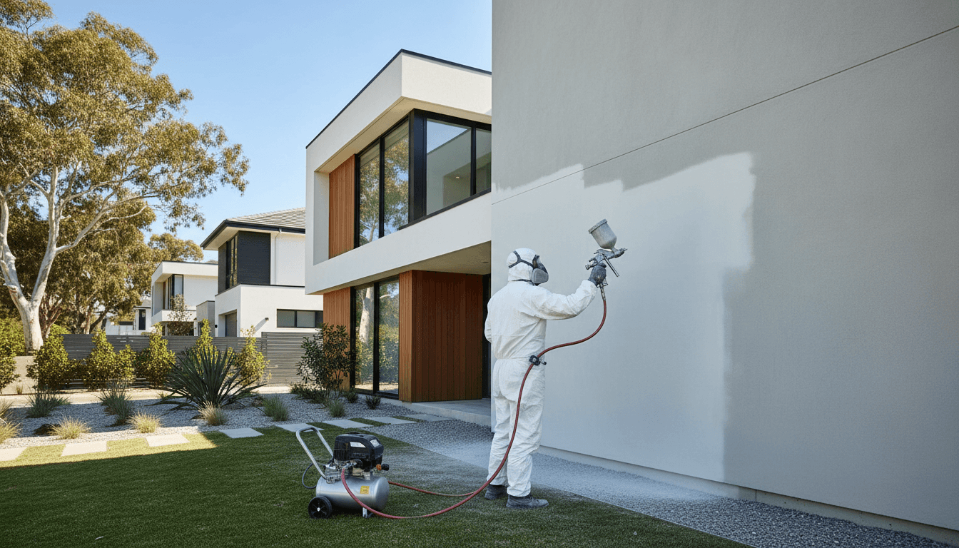 Professional painter using spray equipment on exterior home with clean organized workspace