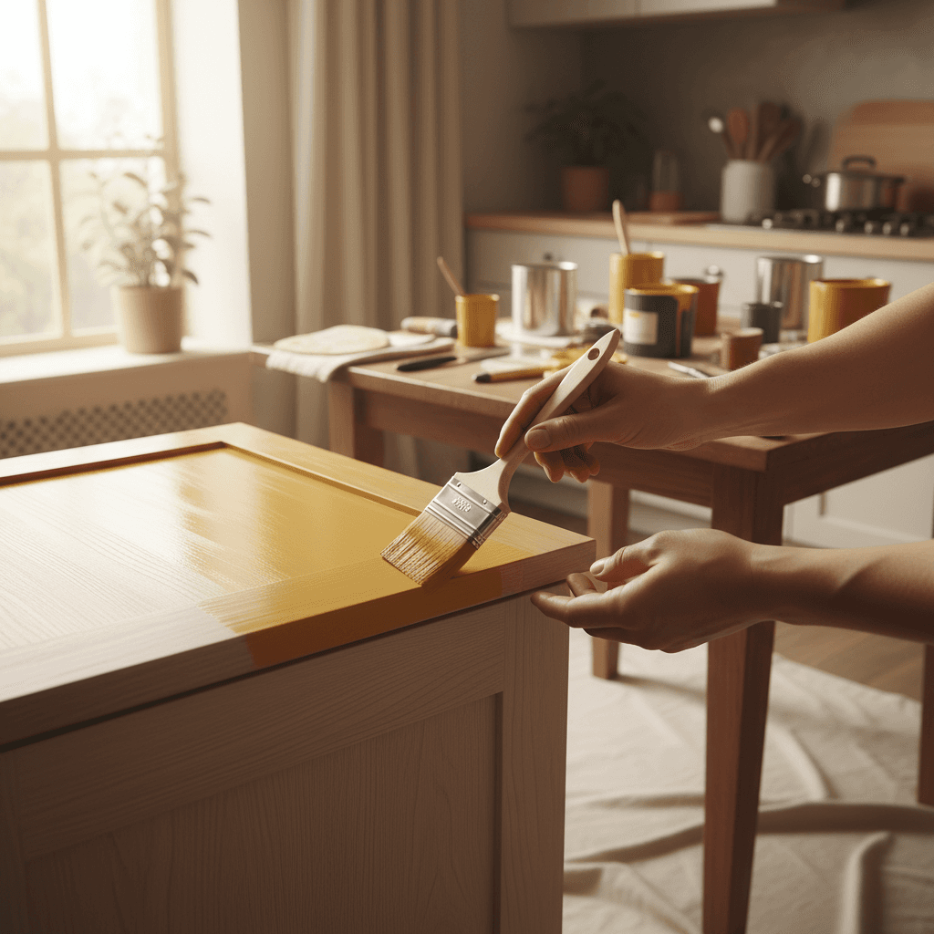 Painter applying finish coat of paint to cabinet door