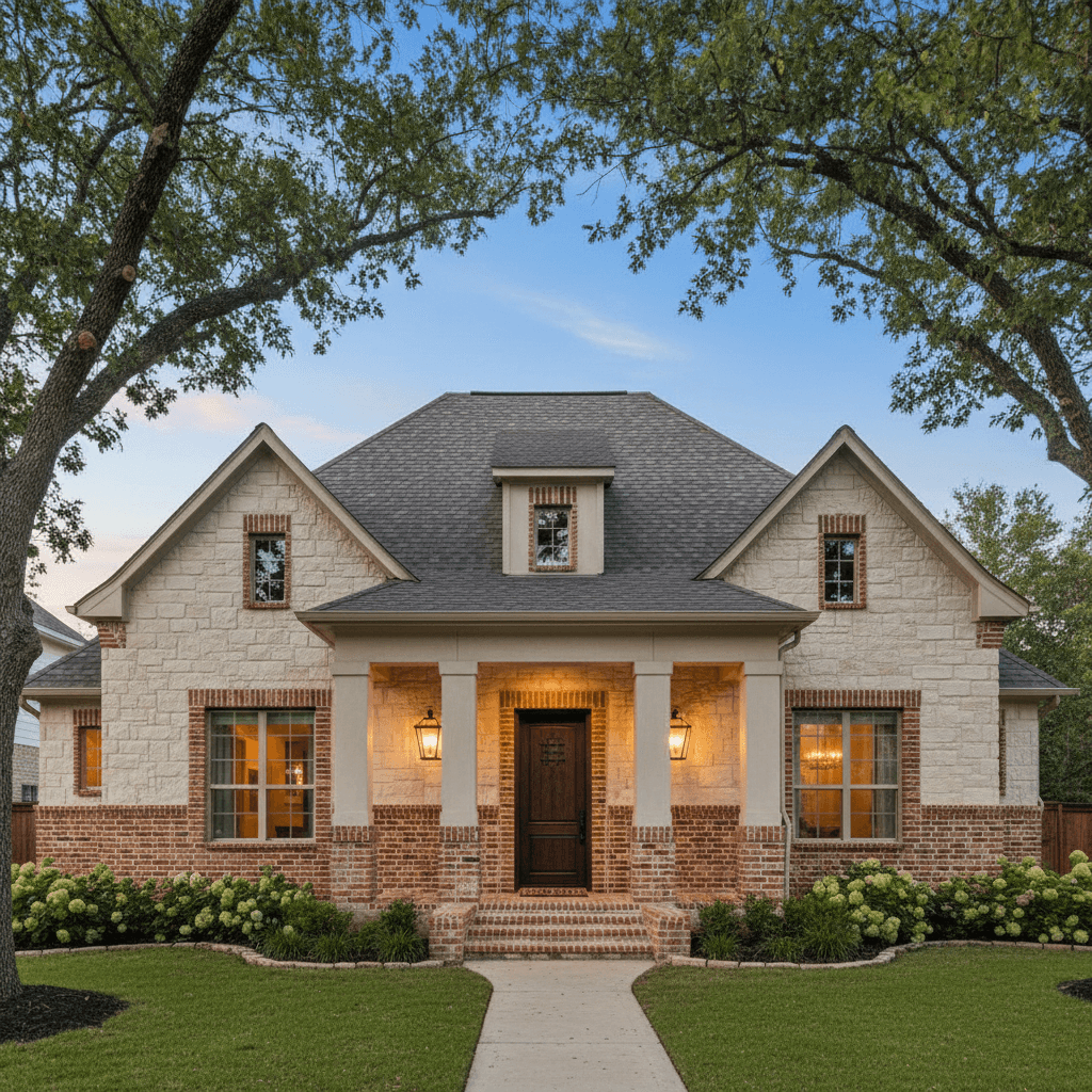Taupe siding with terracotta and red brick accent features