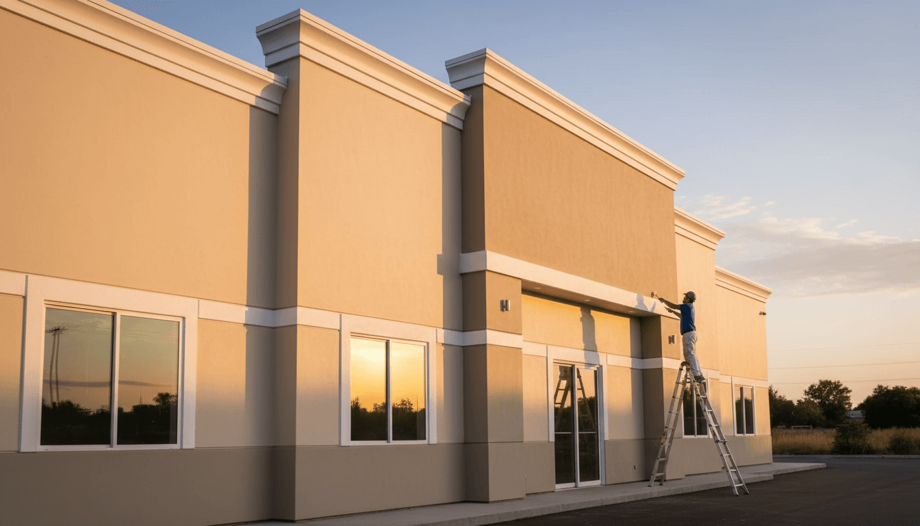 Commercial building facade with fresh professional paint finish applied by painter on scaffolding during golden hour