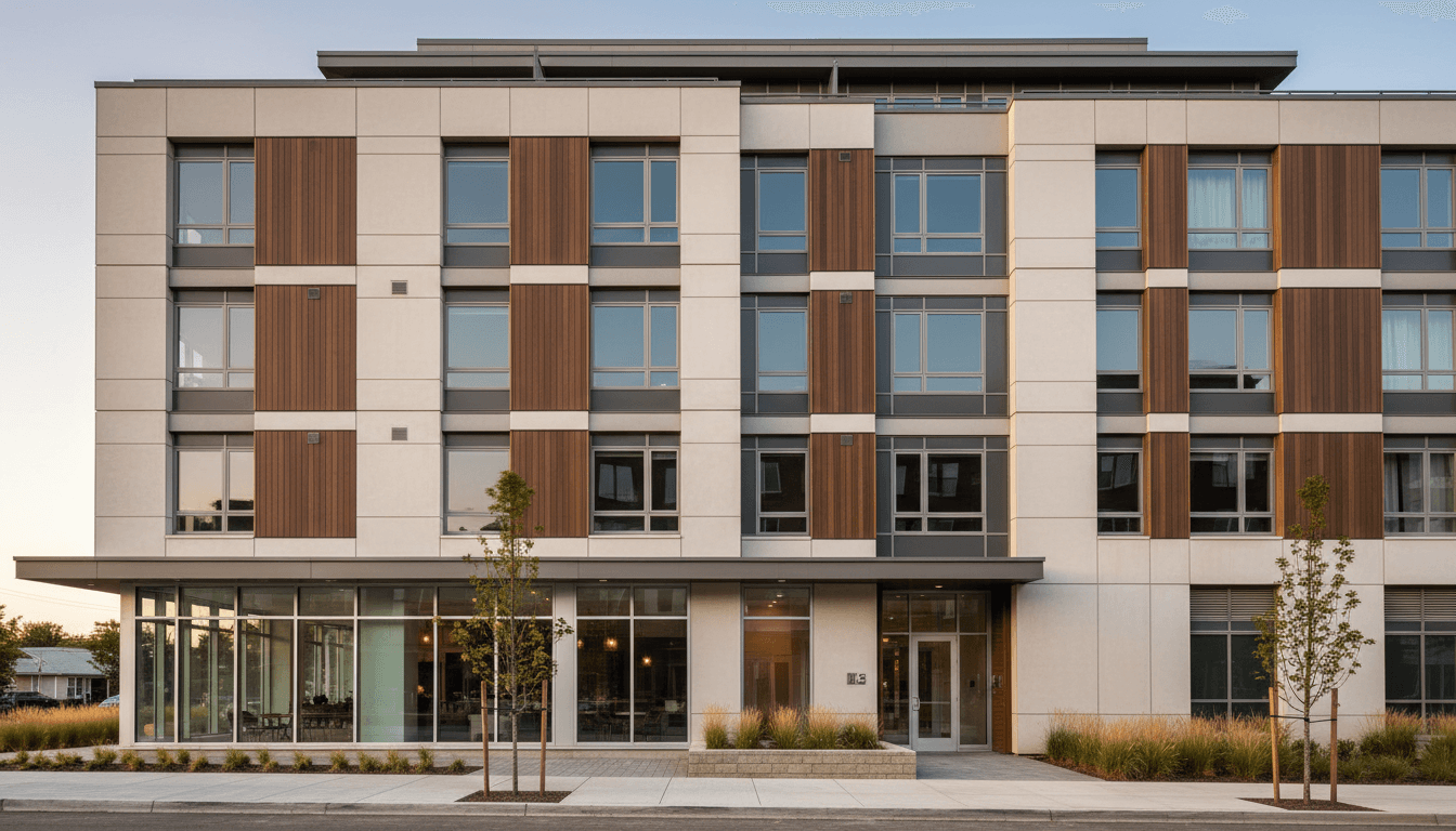 Newly completed modern multi-story residential or mixed-use building photographed from street level