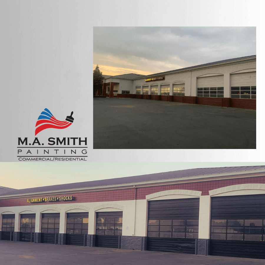 Before and after transformation of a commercial building exterior by M.A. Smith Painting.