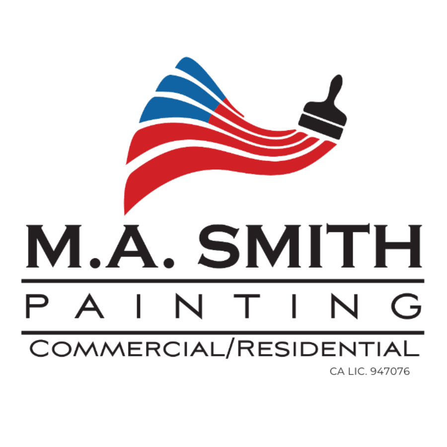 M.A. Smith Painting logo with a paintbrush and red and blue wavy flag-like strokes.
