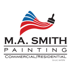 M.A. Smith Painting logo featuring a paintbrush with red and blue stripes and business text.