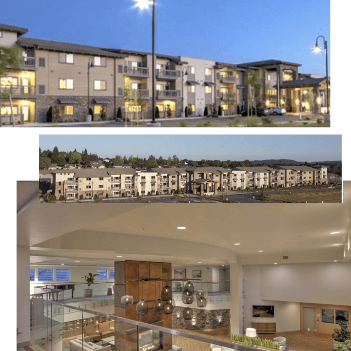 Exterior and interior views of a modern multi-story residential building with a stylish lobby.
