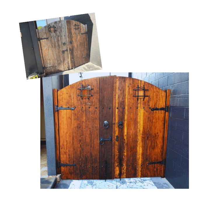 Arched wooden gate before and after restoration with rich stain and black iron hardware.