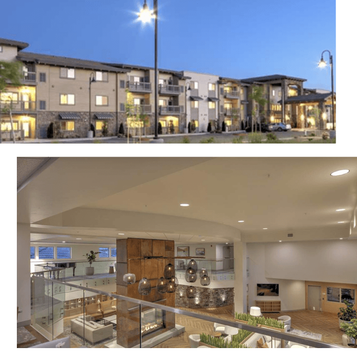 Modern apartment exterior at dusk and a spacious, well-lit interior lobby with a fireplace.