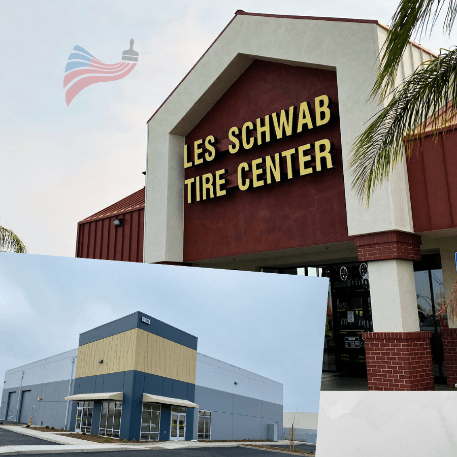 Collage of a Les Schwab Tire Center and a modern commercial building with a paintbrush logo.