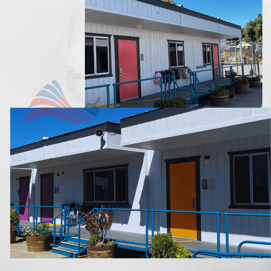 White modular classrooms featuring vibrant pink, purple, and orange doors with blue accessibility railings.