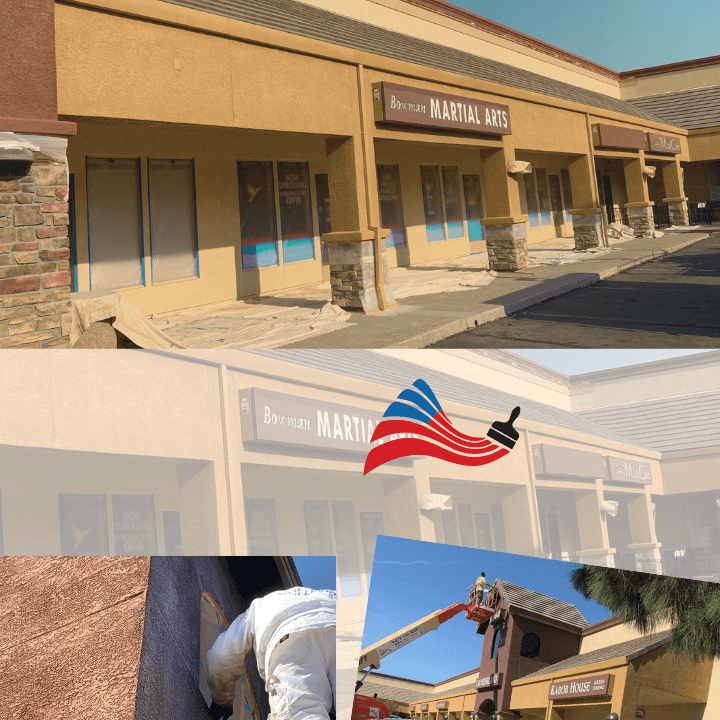 Commercial building exterior being painted with workers using a lift and protective window masking.