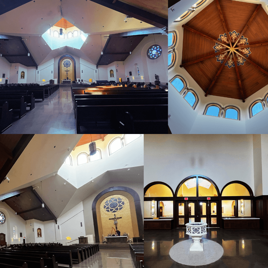 Modern church interior collage with high vaulted ceilings, wooden pews, altar, and baptismal font.