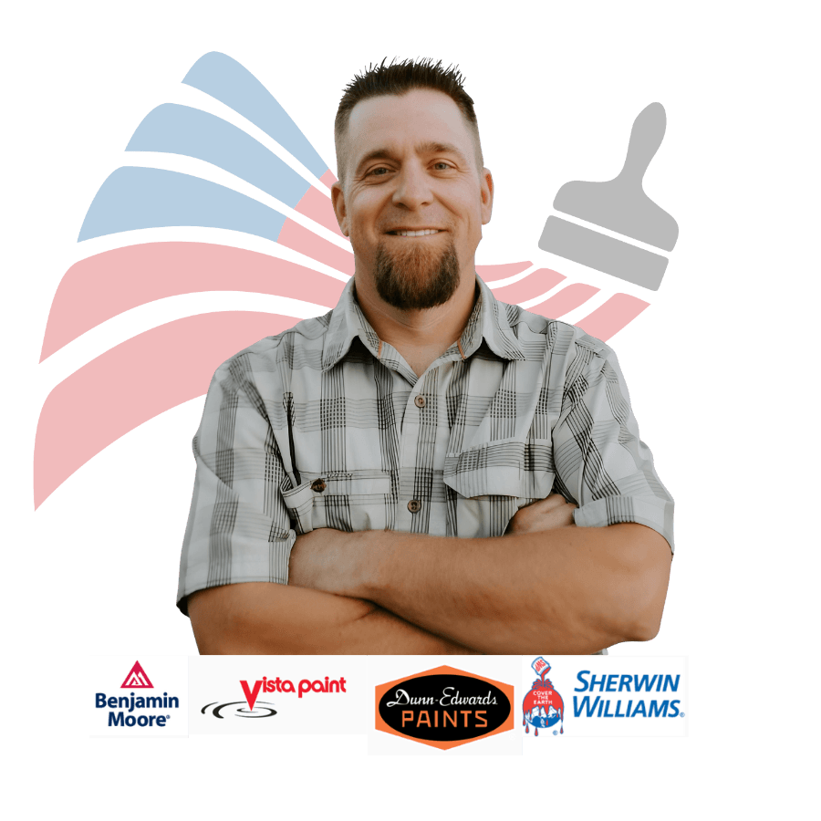 Smiling man with goatee and crossed arms, positioned above various professional paint brand logos.
