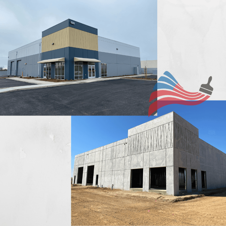 Before and after comparison of a commercial building's exterior construction and professional paint job.
